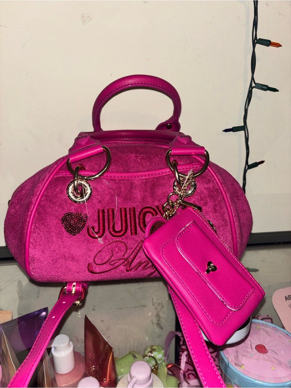 Juicy Couture Fuchsia Velvet Mini Satchel with Card Holder